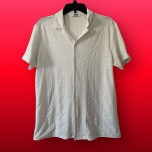 Coofandy Men's White Short Sleeve Eyelet Button Down Shirt Small